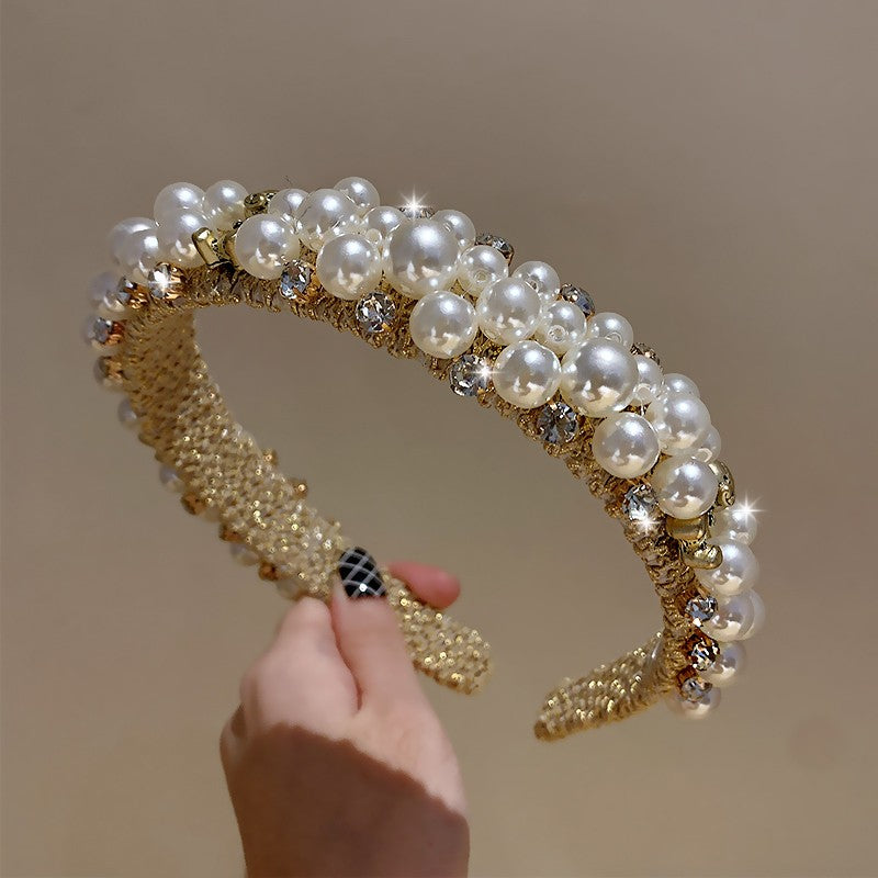 Pearl Beading Gold Hairband Wide Headwear