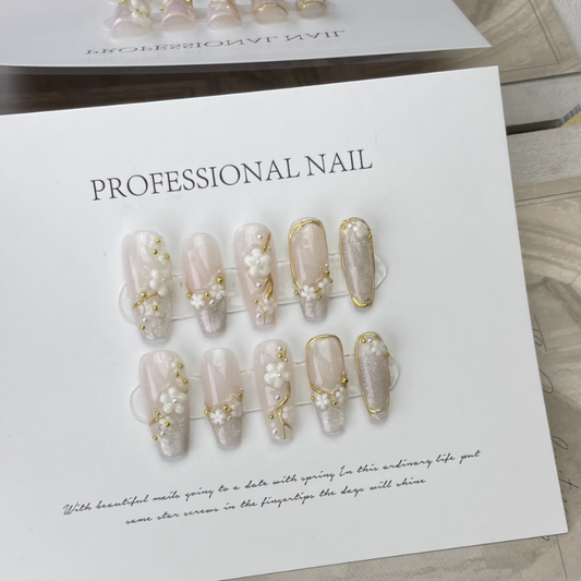 Cherry Blossom Ivory Press on Nails Coffin