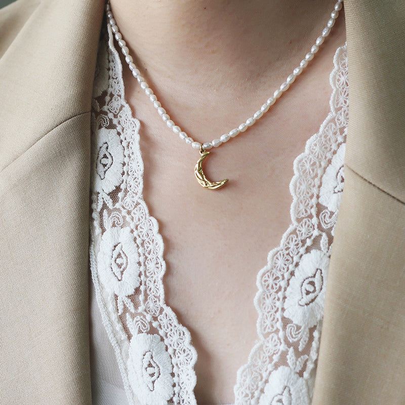 Gold Sculptural Crescent Pendant Pearl Necklace