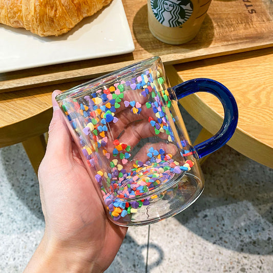 Colorful Heart Sprinkles Floating Double Wall Glass with Handle