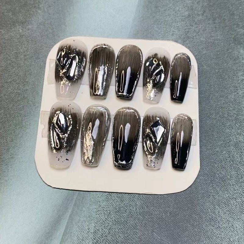 Dark Black Medium Coffin Fake Press on Nails