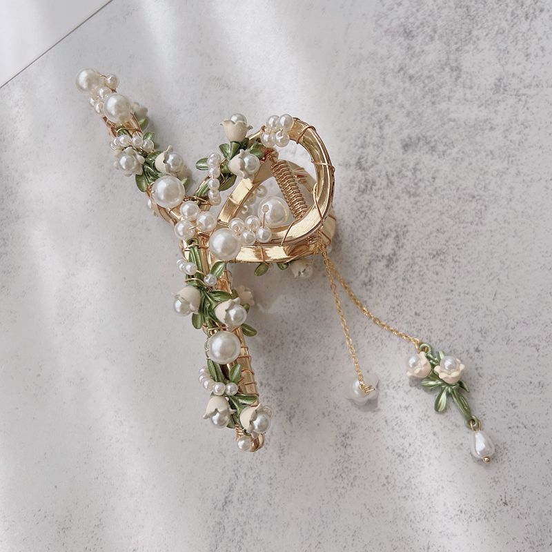 Floral Beaded Metal Claw Clip with Tassel