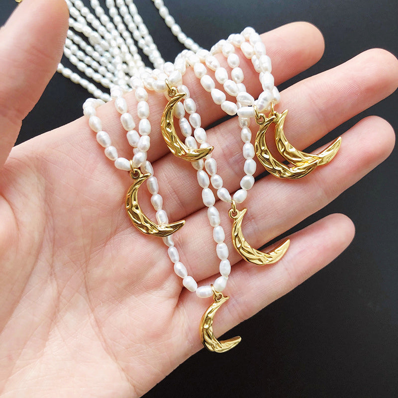 Gold Sculptural Crescent Pendant Pearl Necklace