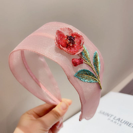 Embroidery Flower Organza Wide Headband