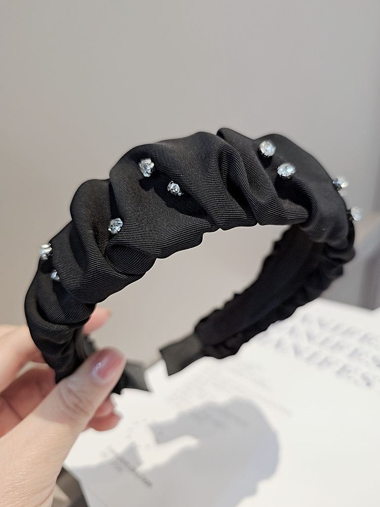 Rhinestone Retro Pleated Black Wide Hairband