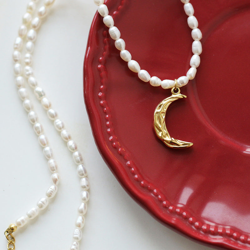 Gold Sculptural Crescent Pendant Pearl Necklace