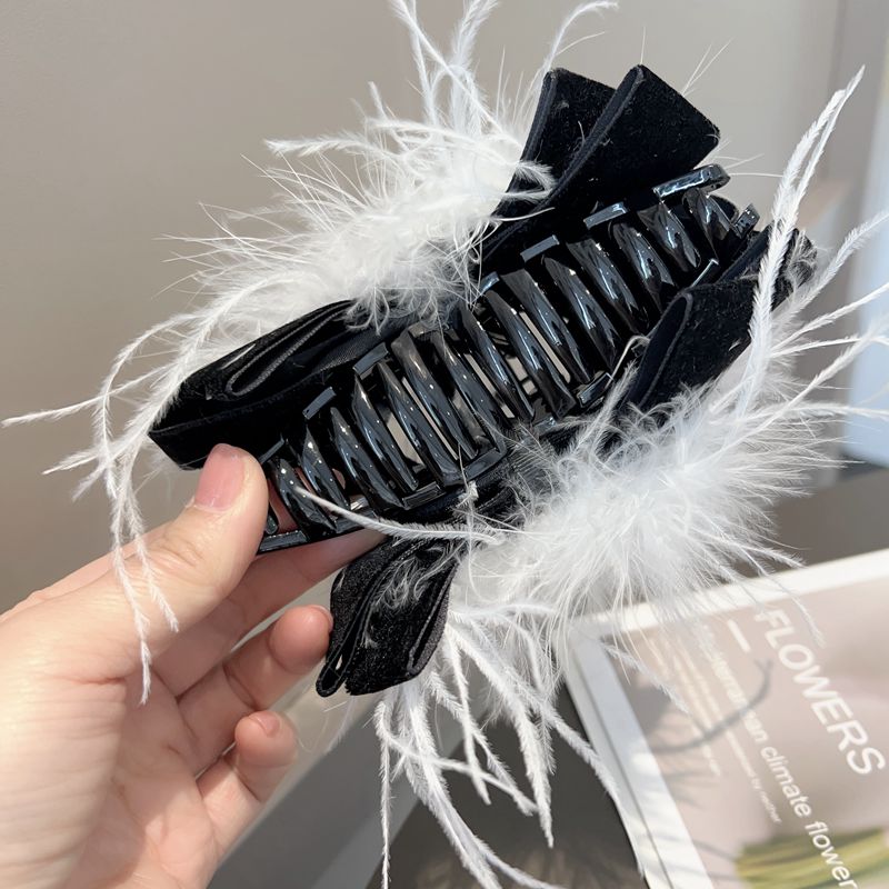 Ostrich Feather Black Bow Hair Claw Clip