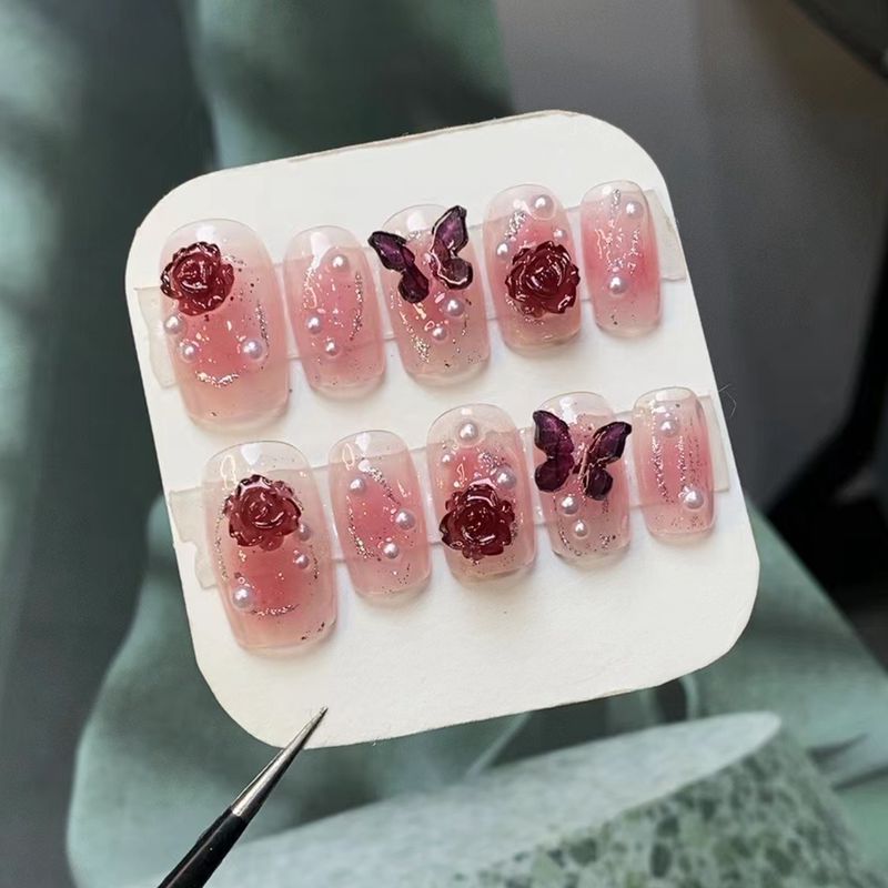 Burgundy Butterfly Rose Pink Square Fake Nails