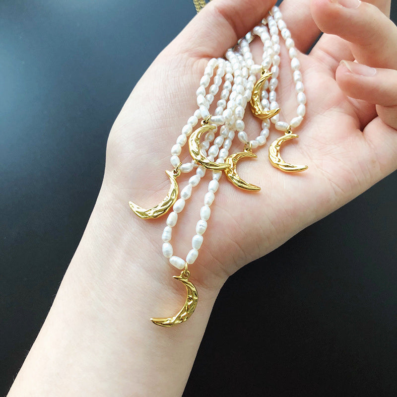 Gold Sculptural Crescent Pendant Pearl Necklace
