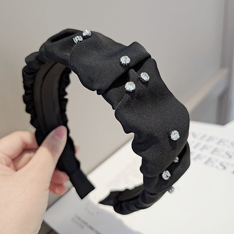 Rhinestone Retro Pleated Black Wide Hairband