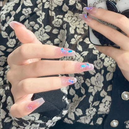 Nude Purple Crystals Press on Nails Set Long Coffin