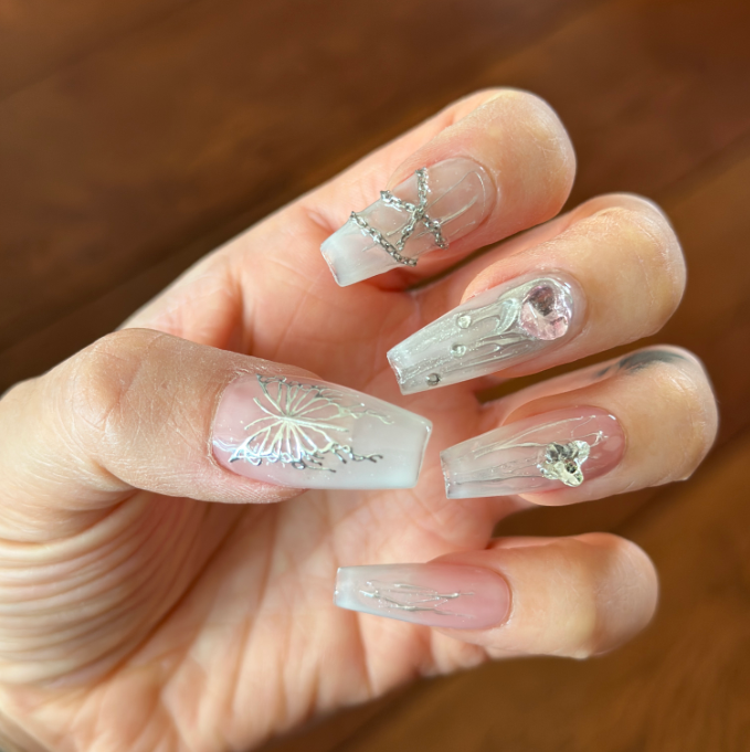 Y2K Silver Butterfly Press on Nails with Crystals