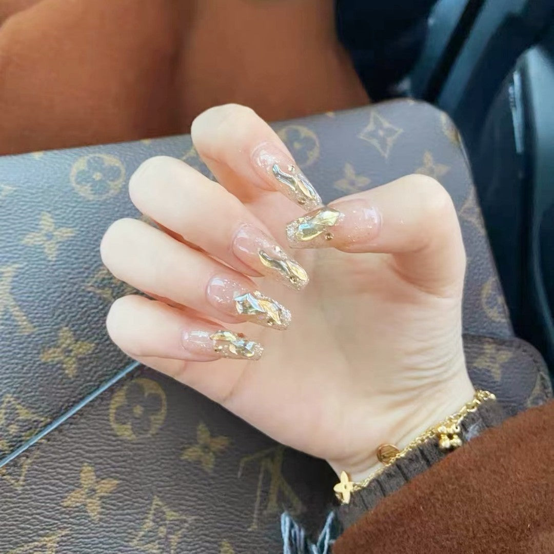 Champagne Crystals Press on Nails Long Coffin