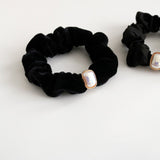 Load image into Gallery viewer, Black Velvet Pearl Hair Scrunchies