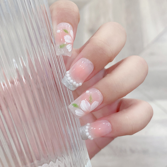 Floral Pearl Pink Medium Square Press On Nails