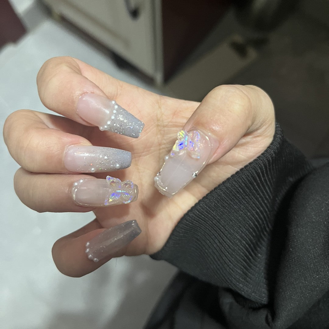 Nude Crystal Butterfly Press on Nails Long Coffin