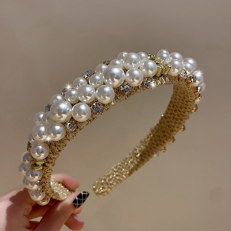 Pearl Beading Gold Hairband Wide Headwear