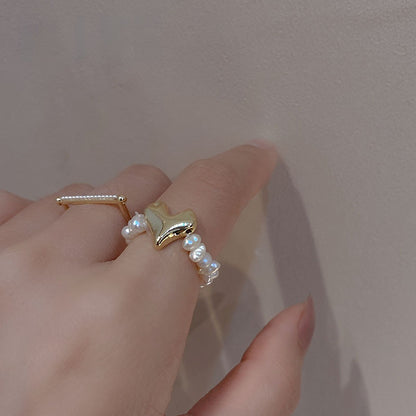 Gold Heart Pearl Beaded Ring