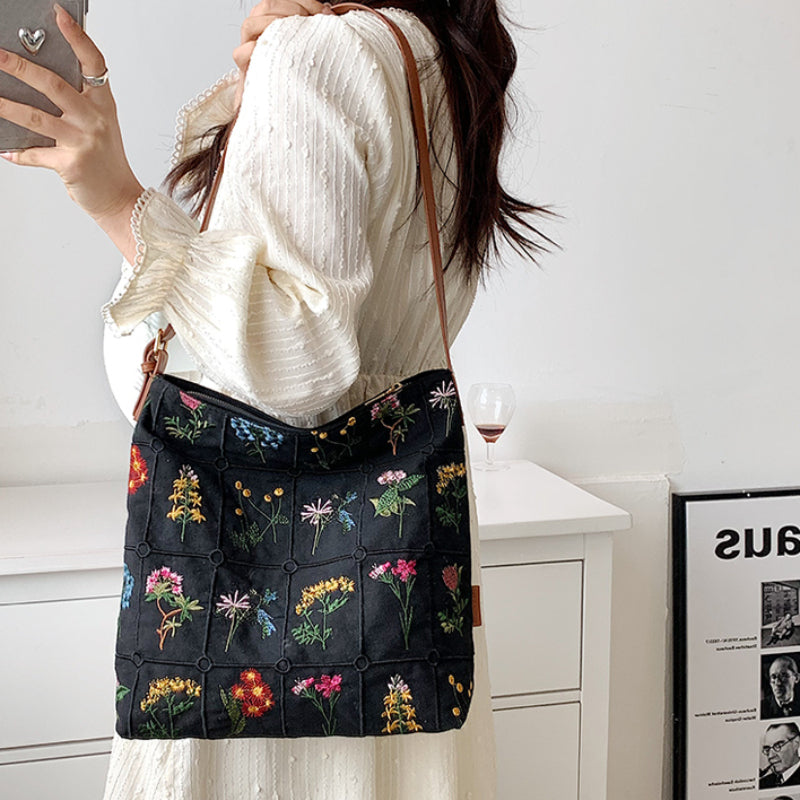 Black Floral Embroidery Canvas Hobo Bag