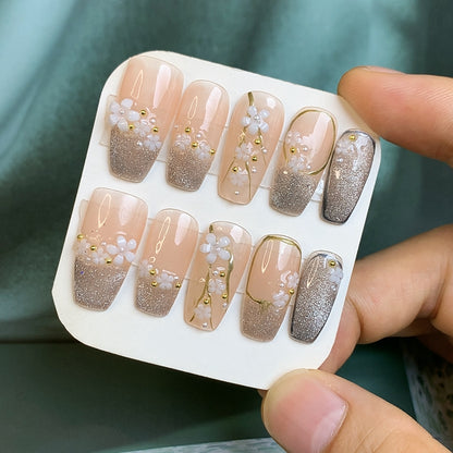 Cat Eye Glitter Sakura Pink Coffin Press On Nails