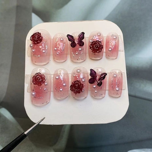 Burgundy Butterfly Rose Pink Square Fake Nails