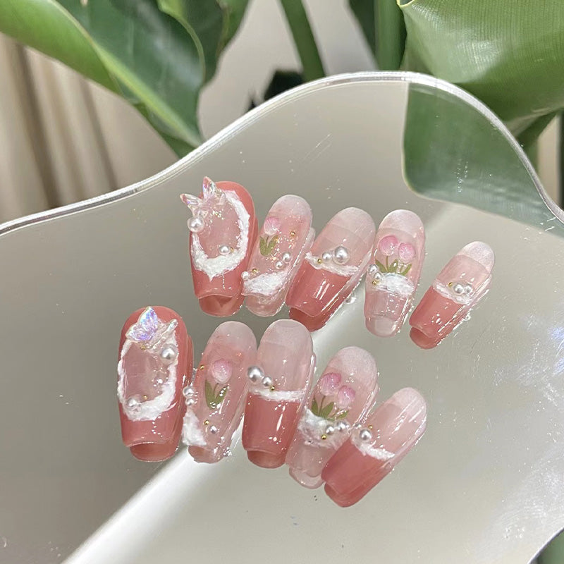 3D Tulip Art Paint Pink Spring Press Nails