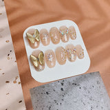 Load image into Gallery viewer, Gold Butterfly Pink Medium Round Press on Nails