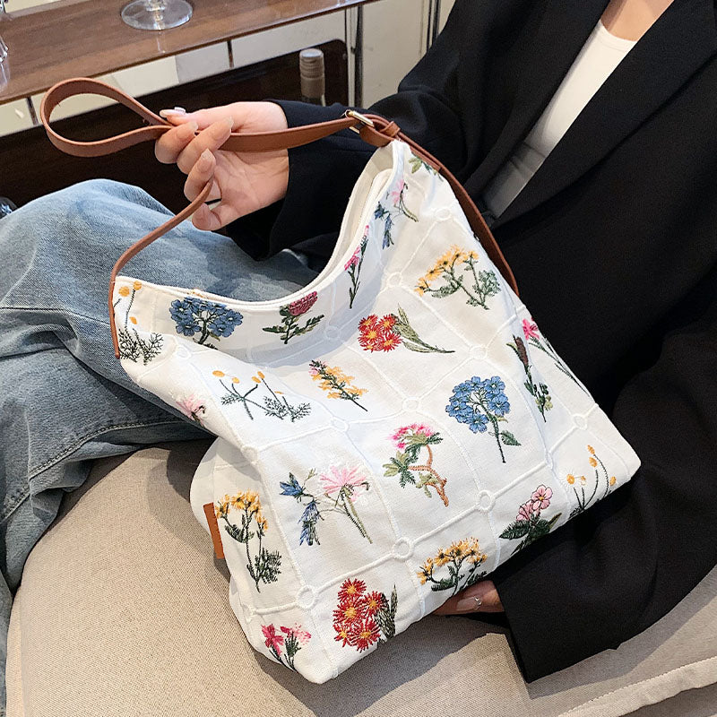 Floral Embroidery Canvas Hobo Bag