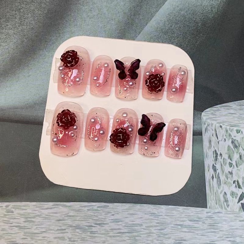 Burgundy Butterfly Rose Pink Square Fake Nails