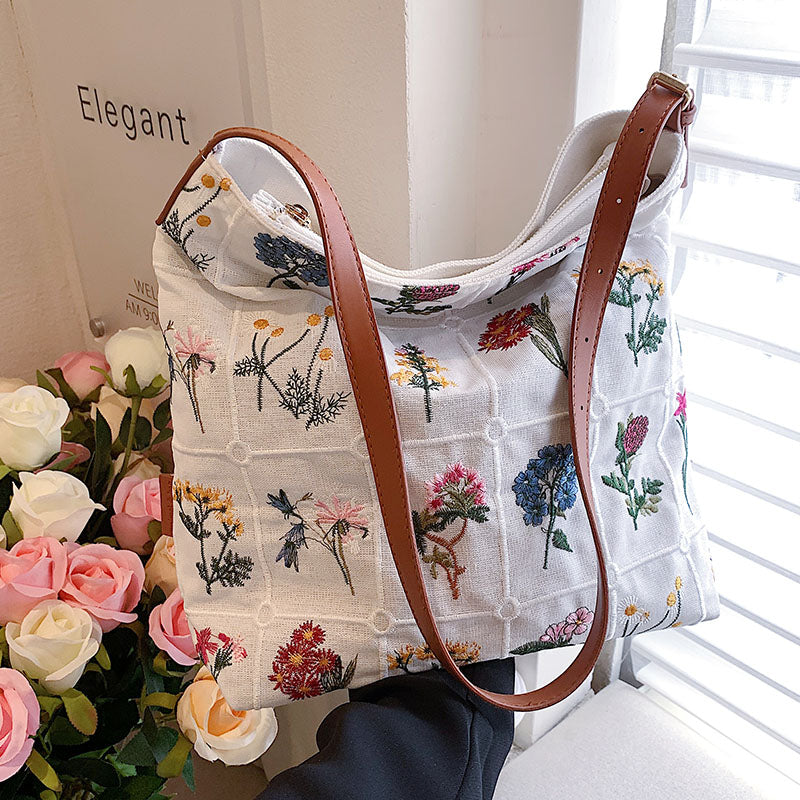 Floral Embroidery Canvas Hobo Bag White