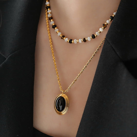 Black Agate Pendant Tigereye Beaded Necklace