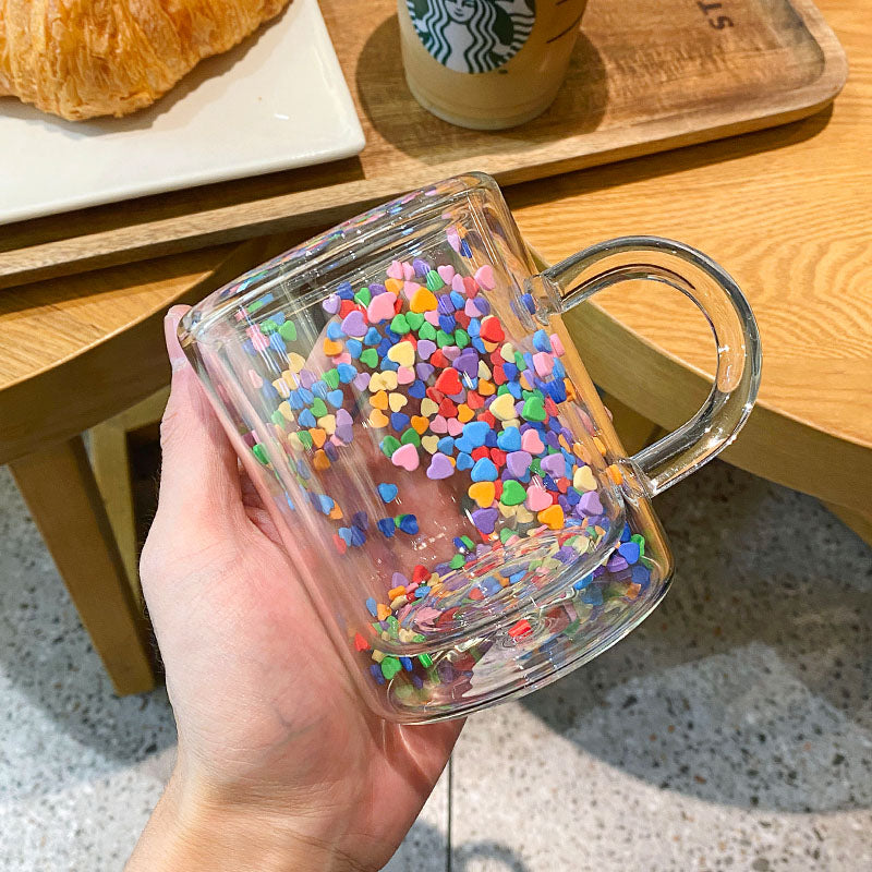 Colorful Heart Sprinkles Floating Double Wall Glass with Handle