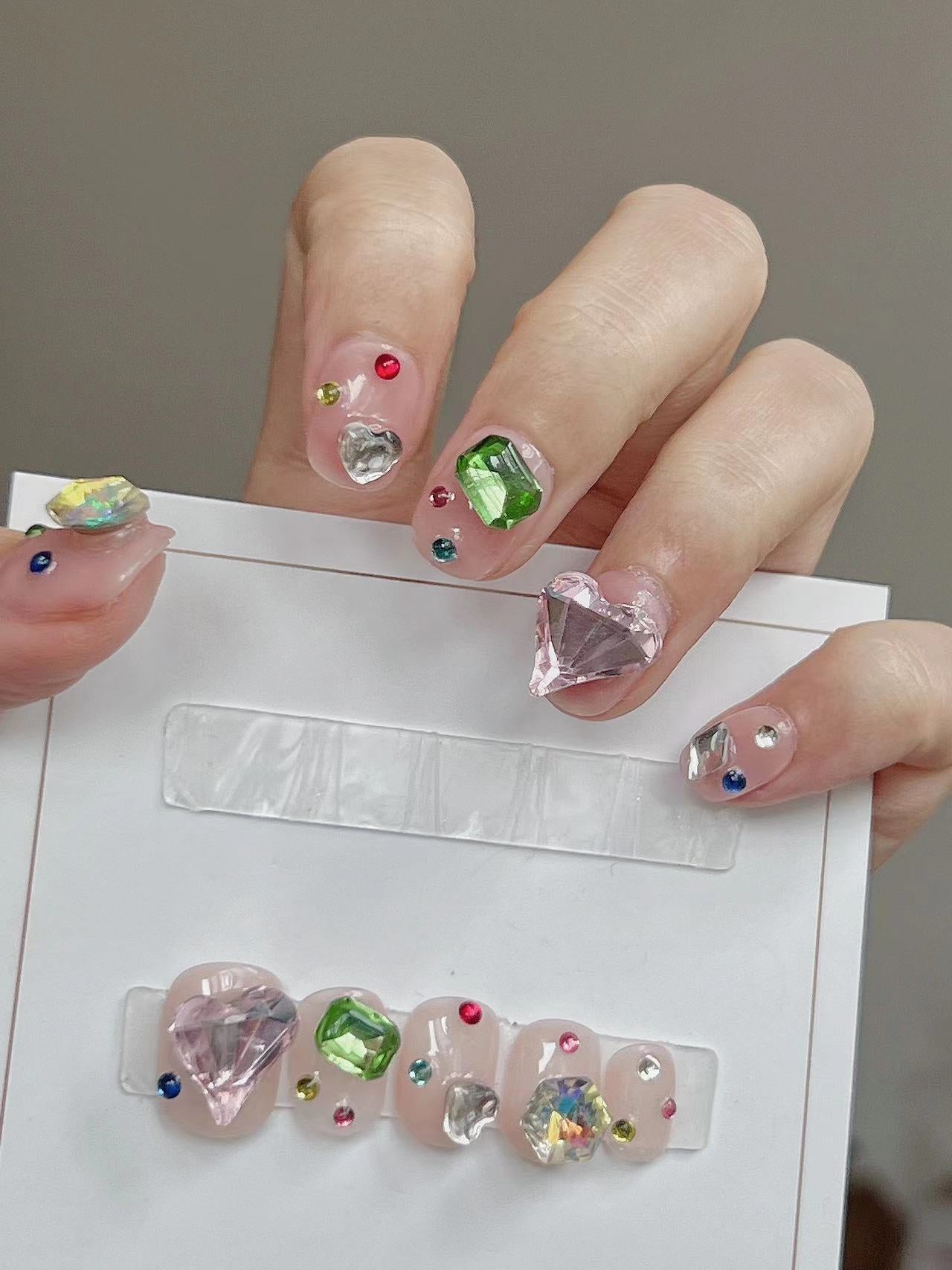 Colored Large Crystal Nude Press on Nails