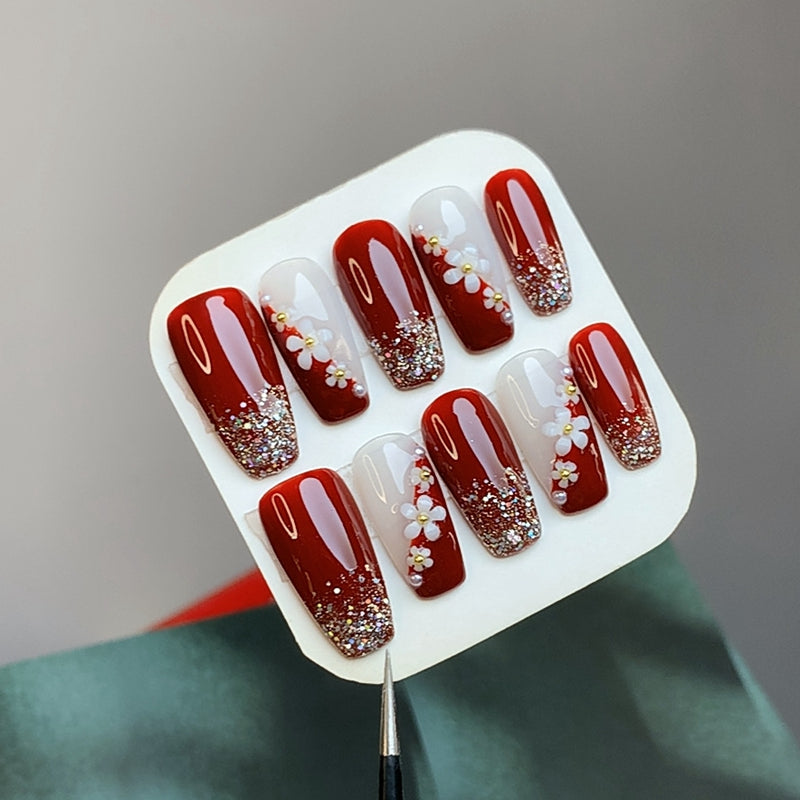 Flower Glittering Red Coffin Press On Nails Set