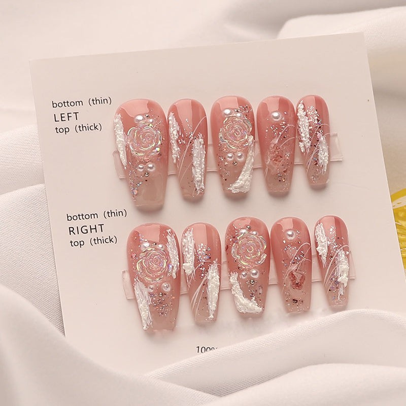 Pink Nude Embossed Floral Press on Fake Nails