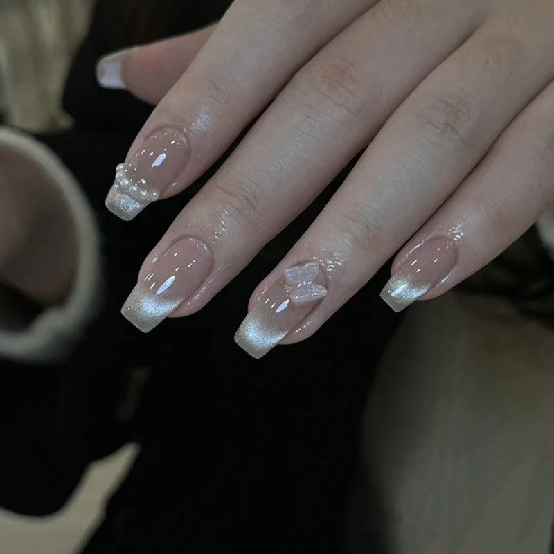 Cat Eye Glitter Nude On Nails with Butterfly Charm