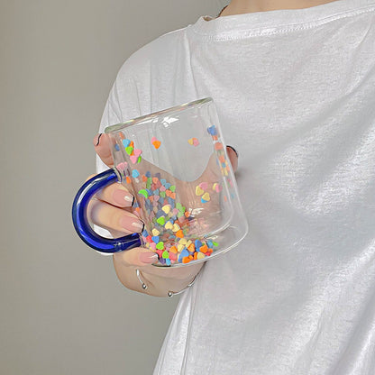 Colorful Heart Sprinkles Floating Double Wall Glass with Handle