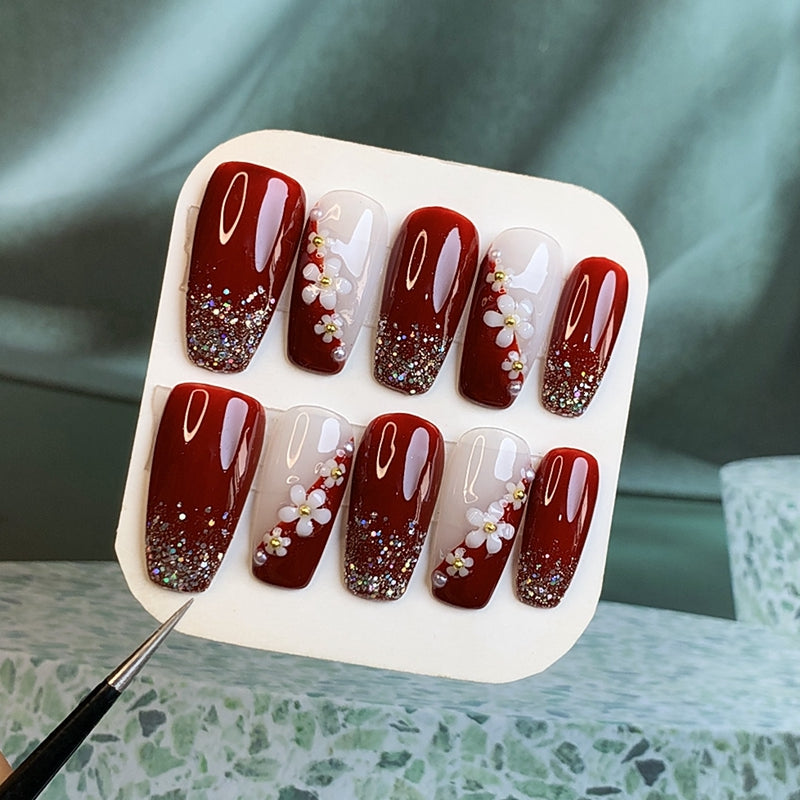 Flower Glittering Red Coffin Press On Nails Set