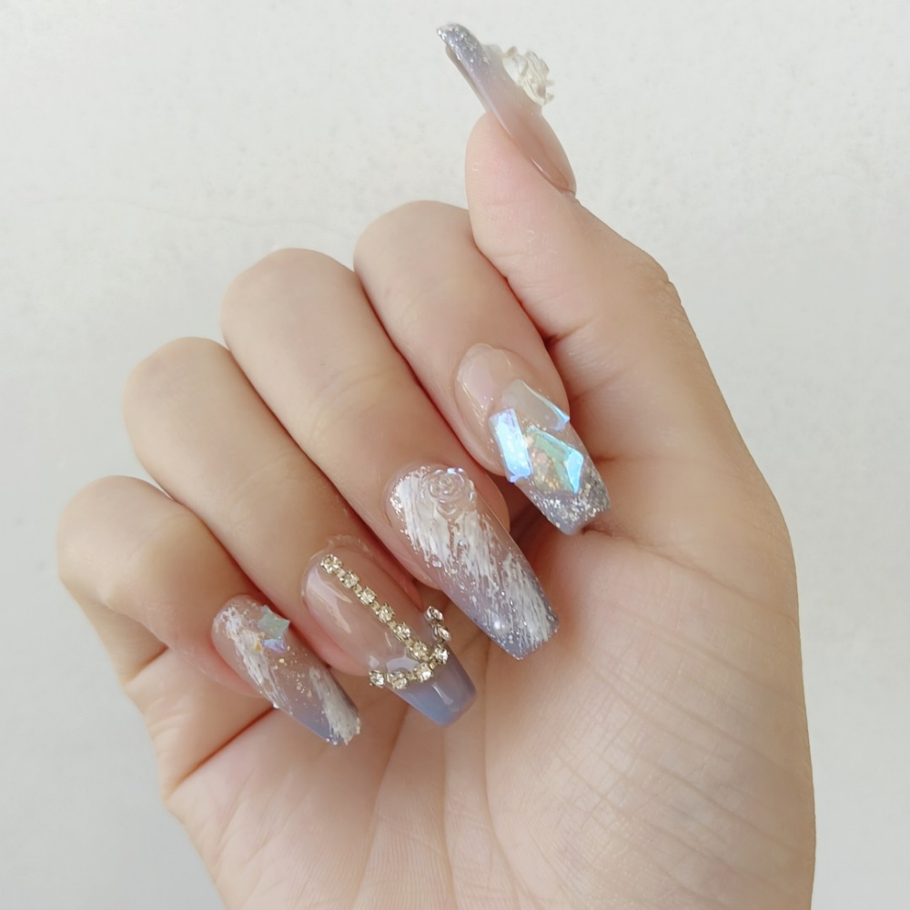 Nude Pink Camellia Press on Nails Long Coffin