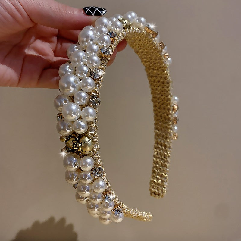 Pearl Beading Gold Hairband Wide Headwear