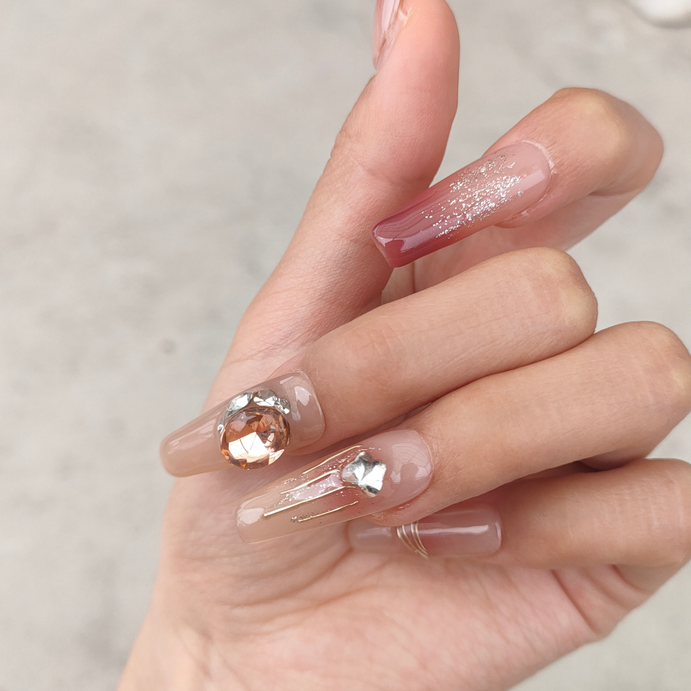 Pink Nude Press on Nails Long Coffin with Large Crystals