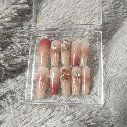 Pink Nude Press on Nails Long Coffin with Large Crystals