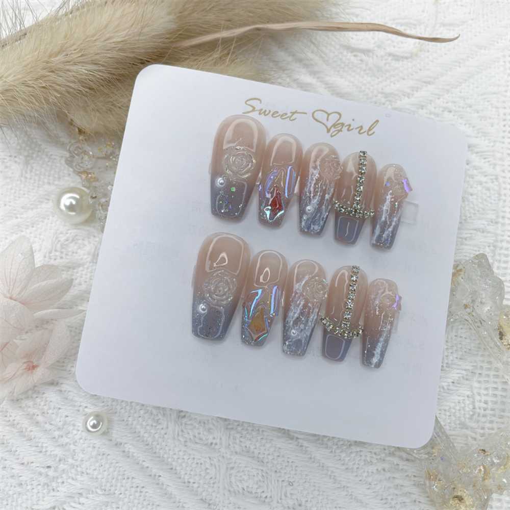 Nude Pink Camellia Press on Nails Long Coffin