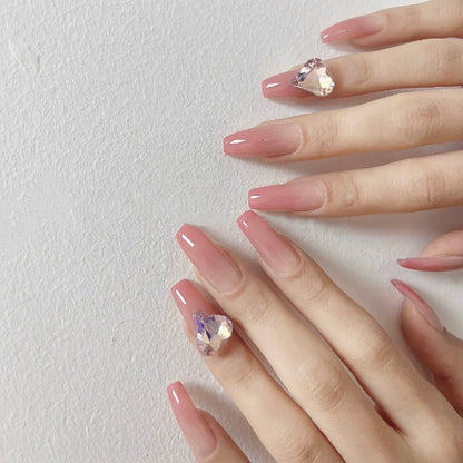Nude Pink Big Heart Crystal Press on Nails Long Coffin